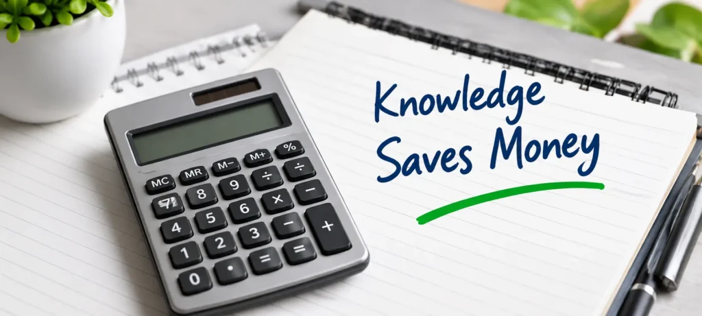 Notebook and calculator with the note Knowledge Saves Money